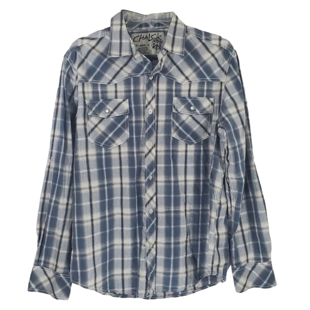Chalc Western‎ Shirt Button Up Blue White Plaid Long Sleeve Mens Large